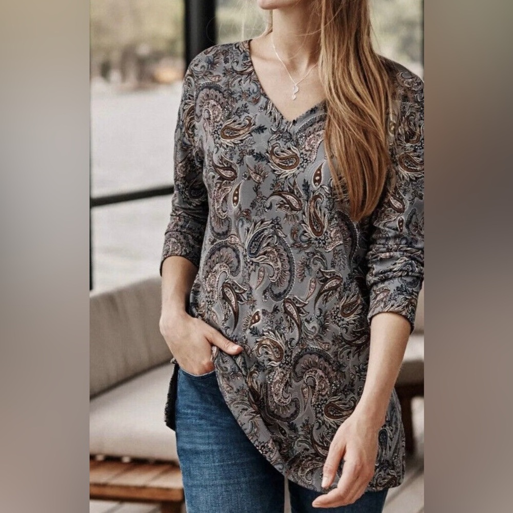 J. Jill Blue Paisley Simply Supima Long Sleeve V-Neck Tunic